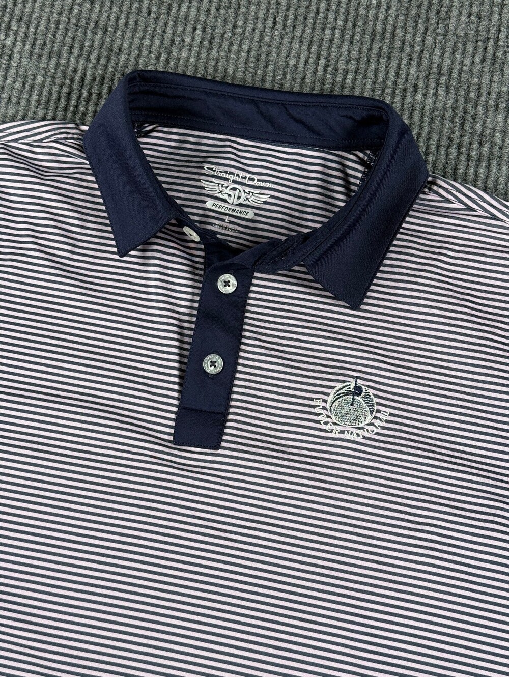 Straight Down Performance Golf Polo Mens L Butler National Navy Purple Striped